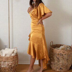 Nasty Gal Satin gold ruffle tiered dress NWT